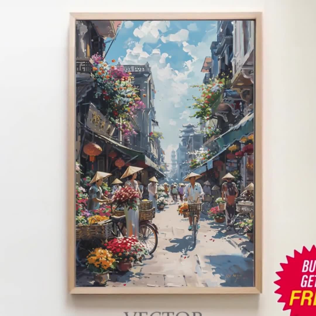 ハノイ町の油彩画 ハノイの賑やかな通りの壁画 - ベトナムの風景油絵 - ベトナムの装飾