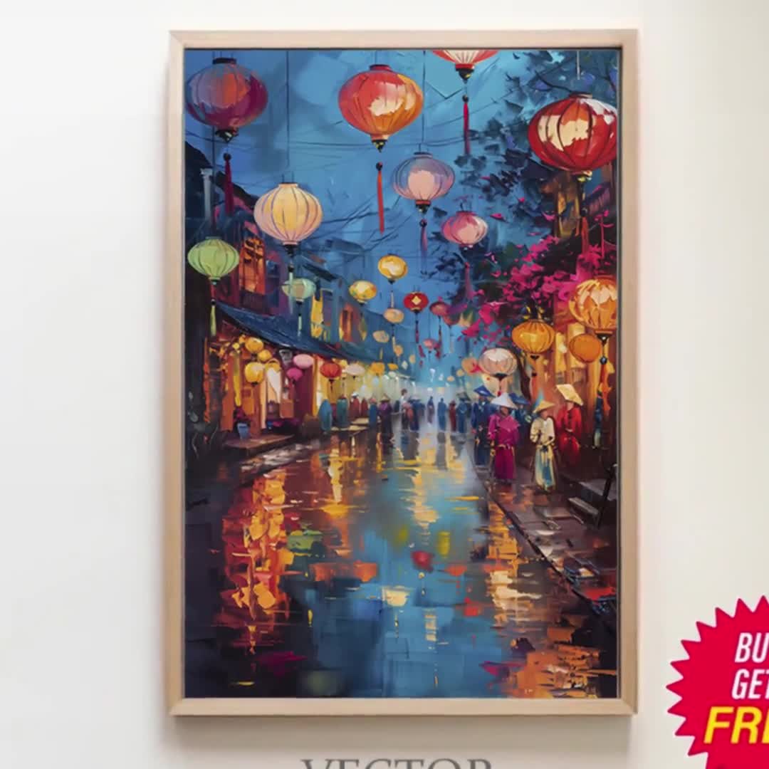 海外アーティスト 油絵 新年SALE 活気に満ちた夜のホイアンのランタンの壁アート - カラフルなベトナム