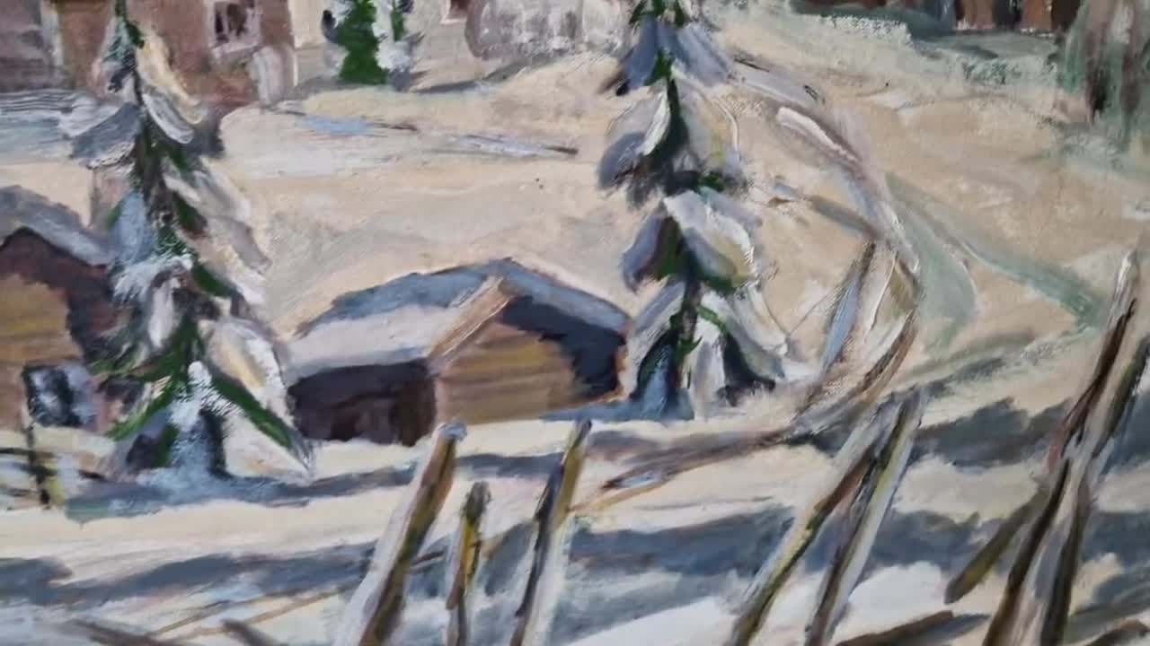 額入り冬の風景画：雪に覆われた小屋、ヴィンテージ印象派（80.5 x