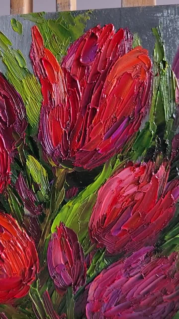 赤いチューリップの油絵：花のパレットナイフアート（8x8インチ