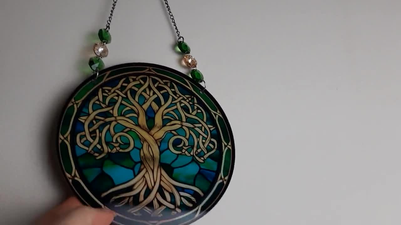 Acchiappasole Albero Della Vita – Set Da 2 Decorazioni In Acrilico Per Finestra, Stile Vetro Colorato, 15x15 Cm