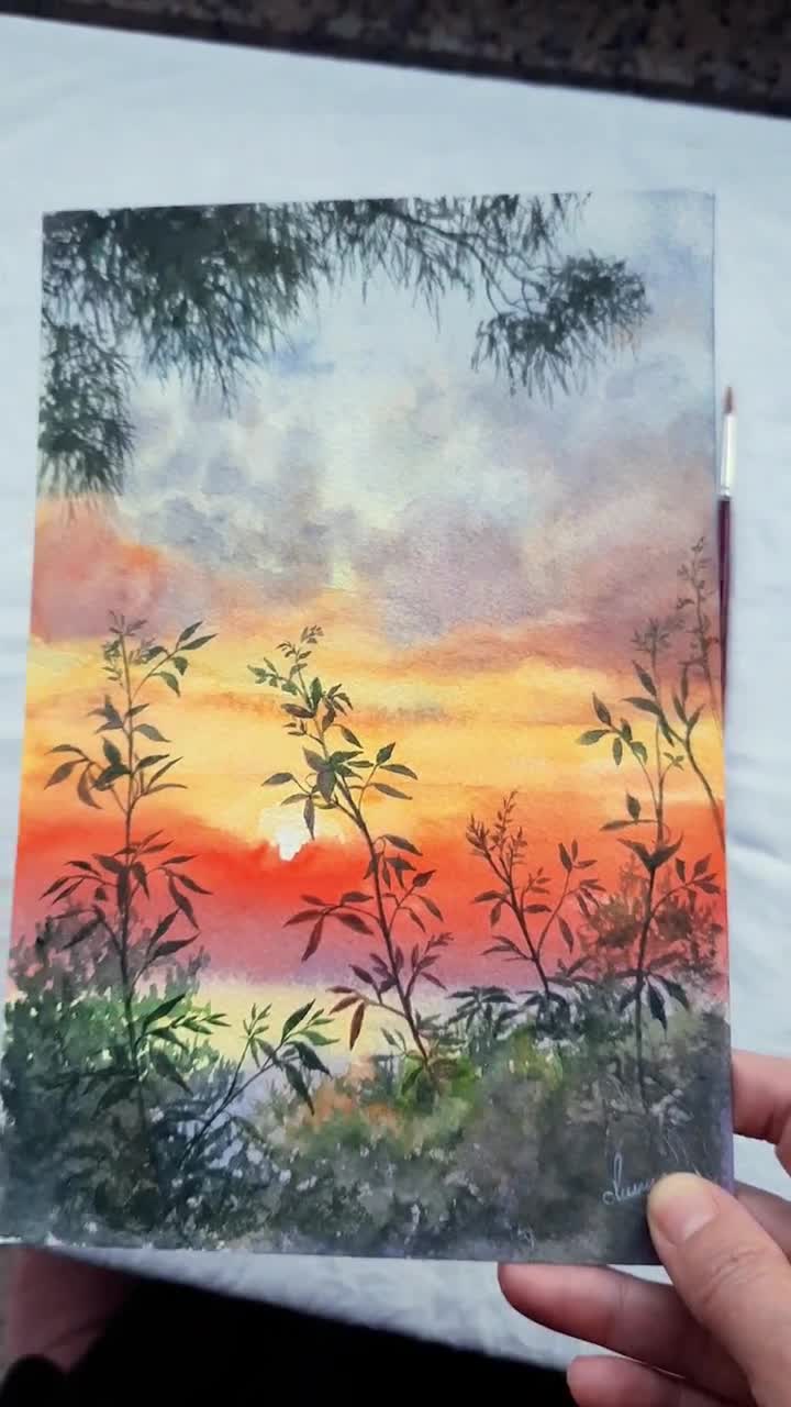 絵画「夕日を浴びて～ 森の散歩道」　水彩画 ボタニカルサンセットオリジナル水彩画：夕焼けの葉の絵画 - Etsy 日本