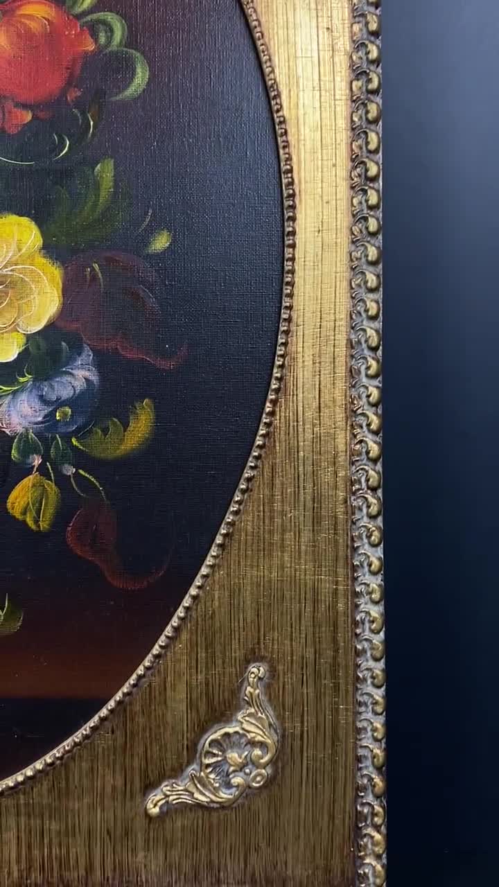 W0541 Vintage R.rosini Painting Baroque Flower Still Life 1950s on