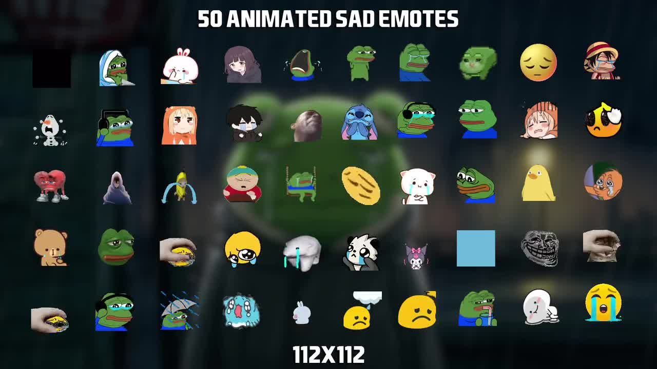 Pakket met 50 geanimeerde droevige emotes voor Twitch, Kick, YouTube en Discord video poster
