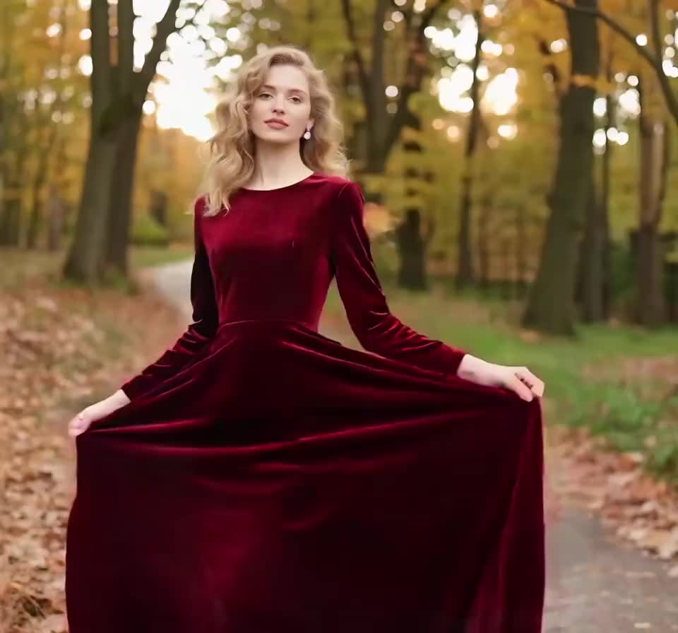 red velvet long sleeve maxi dress Dark Burgundy Bridesmaid Velvet Dress High Quality Fabric Dress Maxi Gown Dress Wrap V Neck Deep V Open Back Long Sleeves High Slit