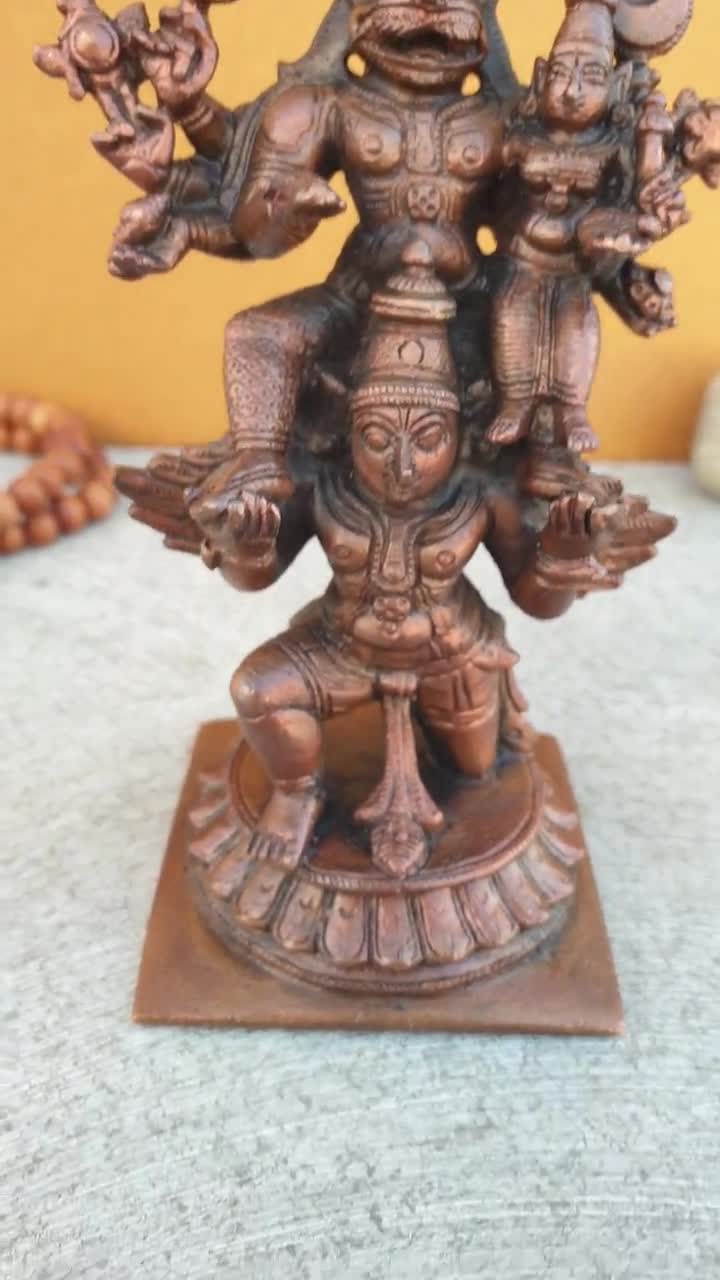 ヤマ 　時代金工　古銅　鰐　ワニ　置物　約845g　V　R7680 Copper Metal Laxmi Narasimha Swamy on Garuda Statue, 5