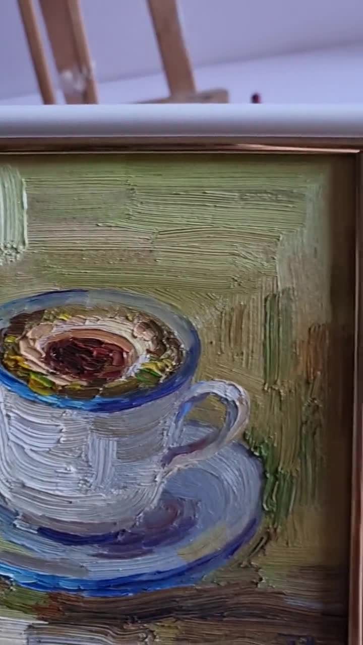 コーヒーカップの油絵：抽象的なキッチンの静物画（6 x 6インチ
