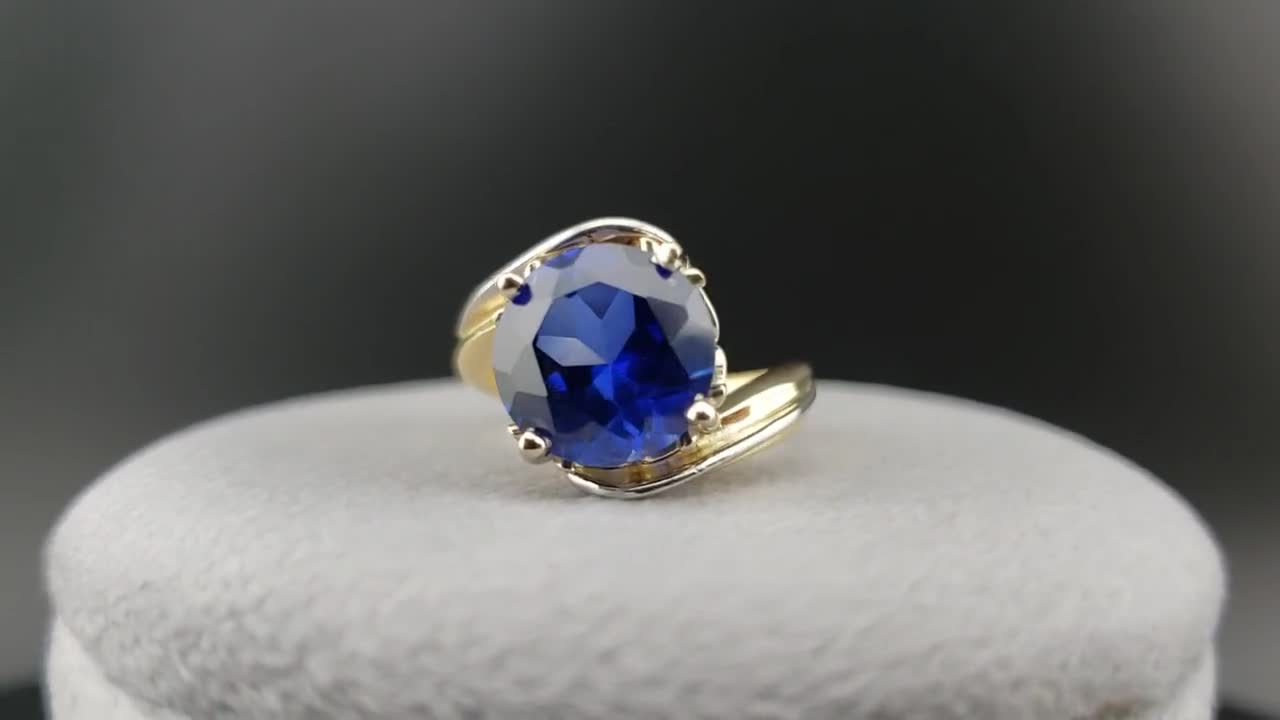 ヴィンテージ ツートン サファイア リング、14K ホワイト＆イエロー