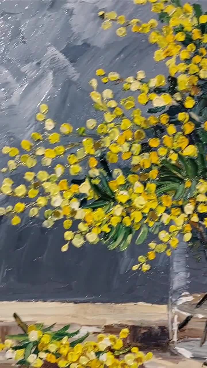 オリジナルの厚塗り油絵、花の静物画、植物のアートワーク、ミモザの