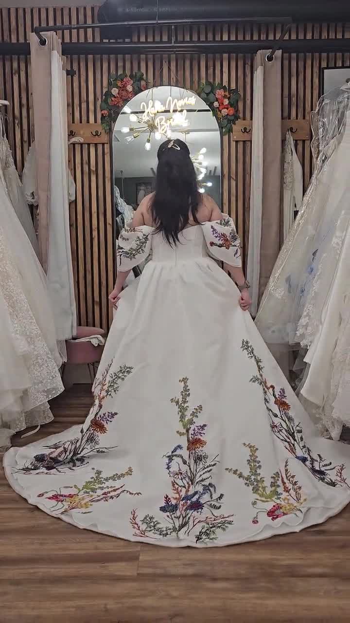 Ambretta Off Shoulder Wedding Dress – Detachable Sleeves, Floral Embroidered Boho Bridal Gown, Alternative Unique Garden Bride video poster