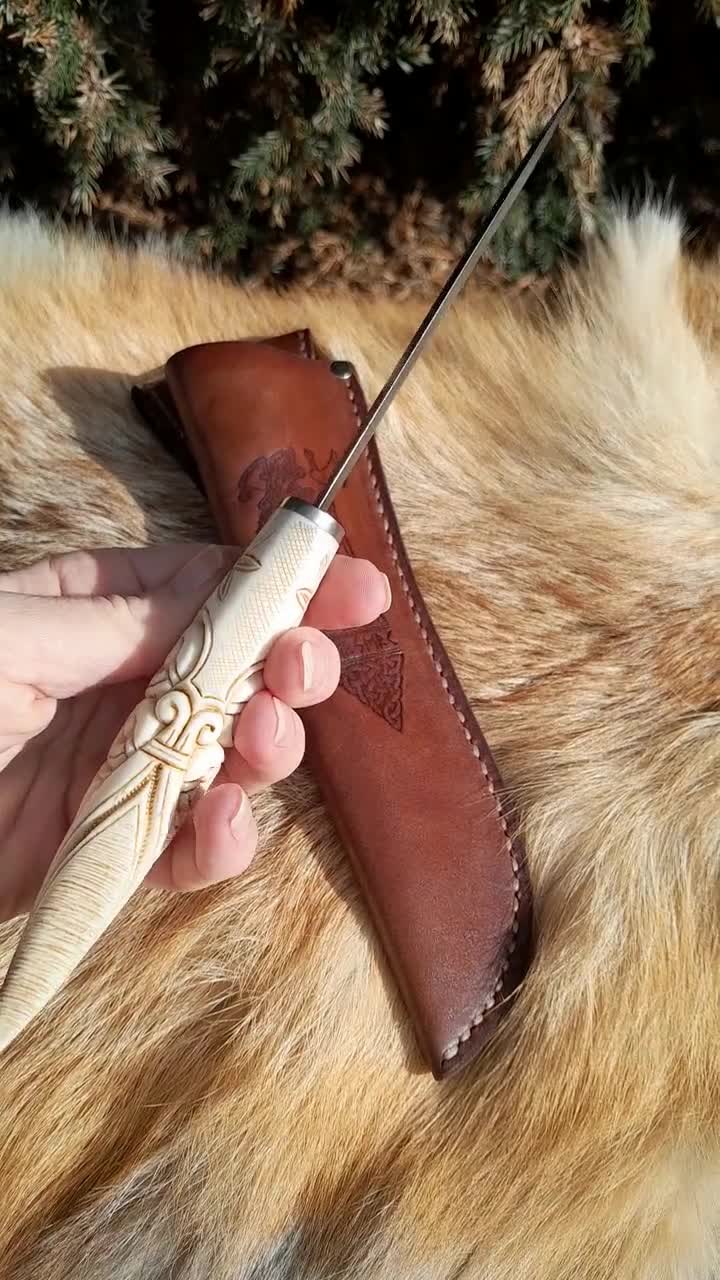 Hand-forged Damascus Steel Viking Seax: Raven Carved Moose Antler
