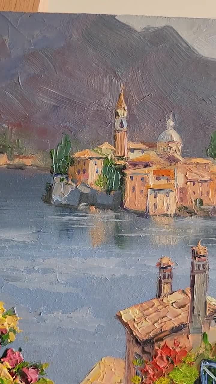 コモ湖の街並みを描いた油絵：イタリアの風景画（12 x 10インチ