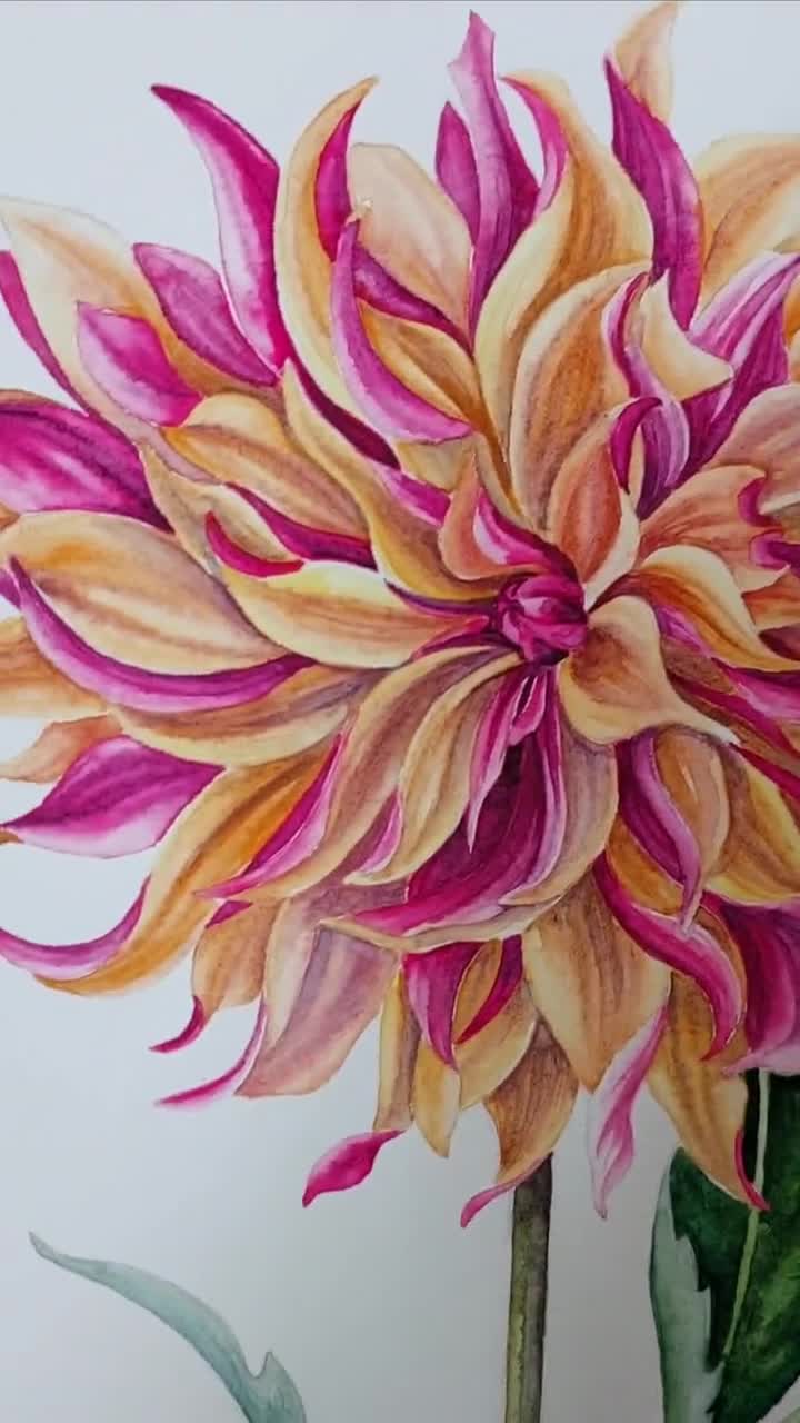 ダリア（絵画） オリジナル水彩画、花の絵画、花の壁アート、ダリアの絵画、一輪の花の