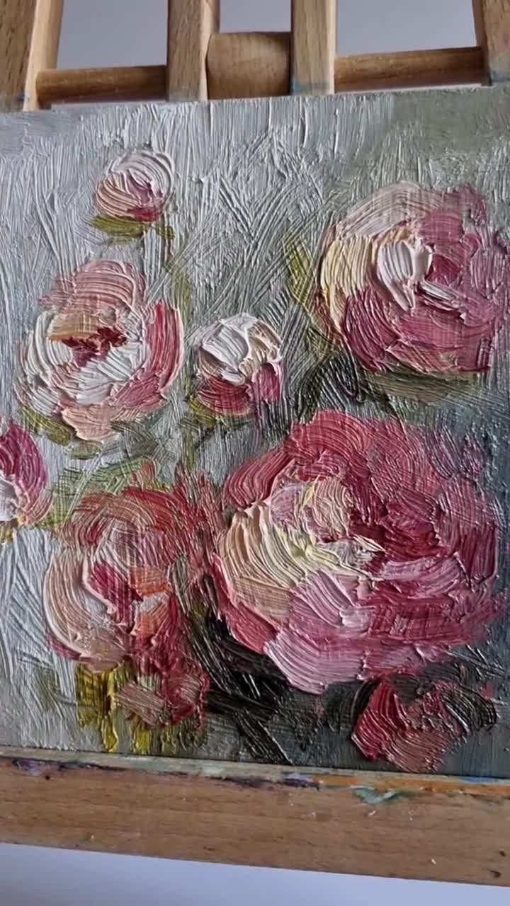オリジナルの牡丹のバラの油絵：花のインパストアート（6x6インチ