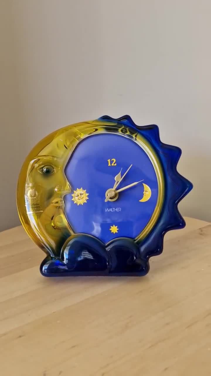 Vintage Walther Glas Sun Moon Clock, Cobalt Blue Amber Glass, West