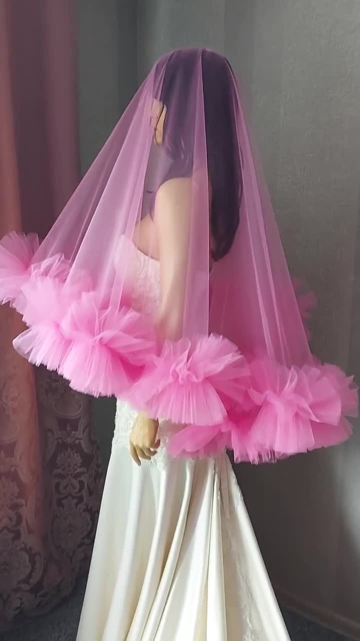 Hot Pink Ruffle Veil Frill Tulle Veil Ruffled Wedding Veil Blusher