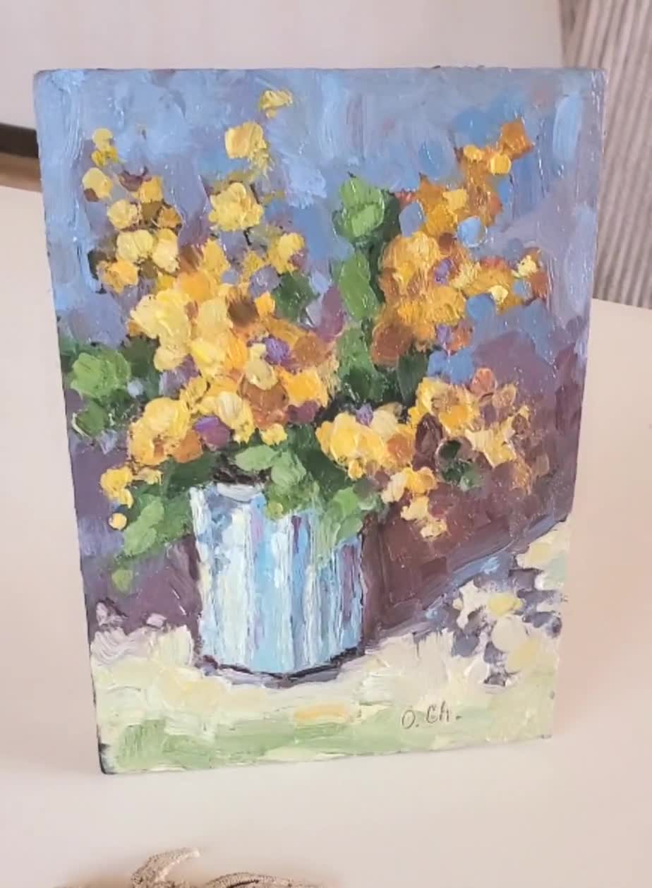 ミモザの花の油絵：半抽象的なインパストフラワー（6x8インチ） - Etsy