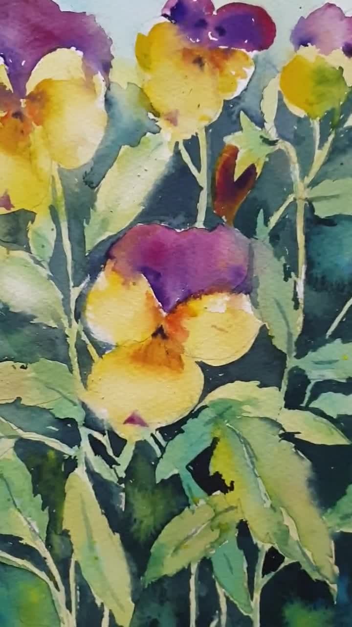 パンジーのオリジナル水彩画、パンジーの花の絵、パンジーの花のアート