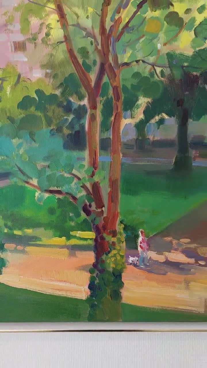 オリジナル絵画「公園の夏」 具象画 印象派の芸術作品 都市景観 緑の