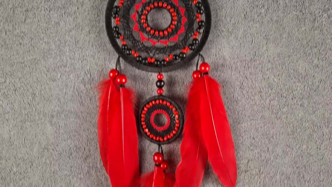 Dreamcatcher Wall Hanging, Red & Black Double Hoop Feather