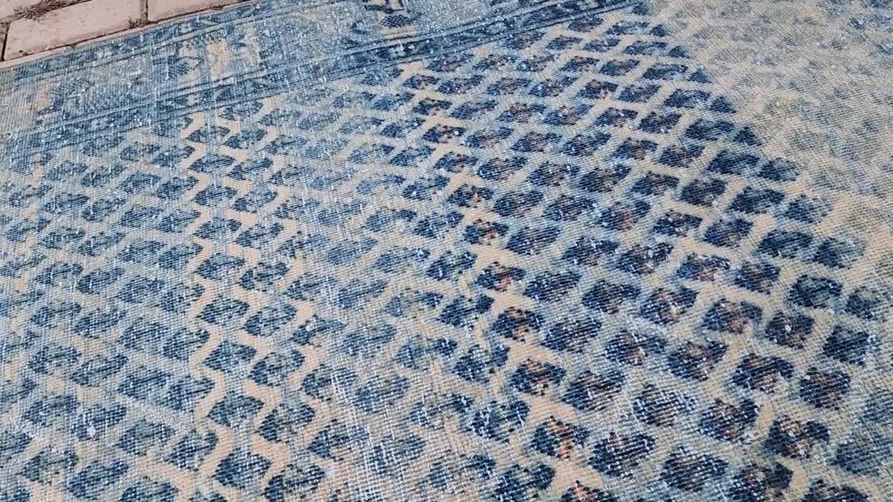 4x7 ヴィンテージ トルコ絨毯：手織りウールメダリオン、ブルー