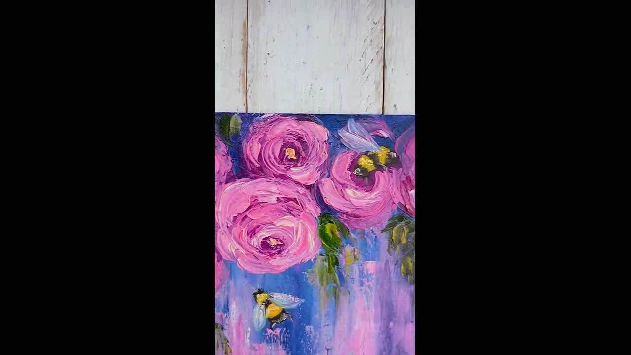 紫のバラの花のアートオリジナル油絵キャンバス、ライラックの抽象的な