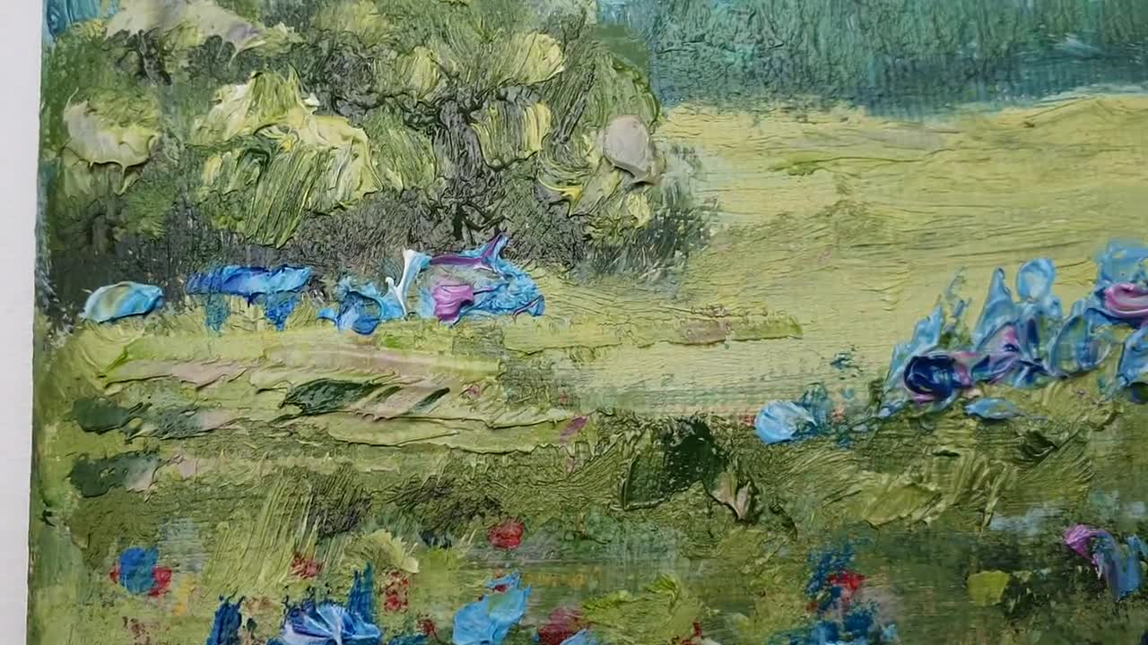 「草原」'60 絵画 F8 油絵 油彩画 アート 風景画 ブルーボネットの草原の絵画：テキサスの風景画 インパスト油彩画（8x8