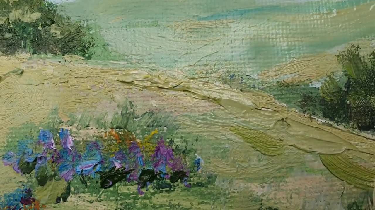 テキサス・ブルーボネットの草原の油絵：5x7インチの野生の花の風景画