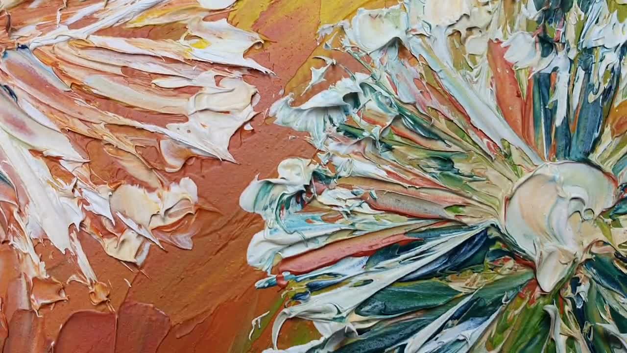 オリジナルのタンポポの油絵：抽象的な花のインパストアートワーク