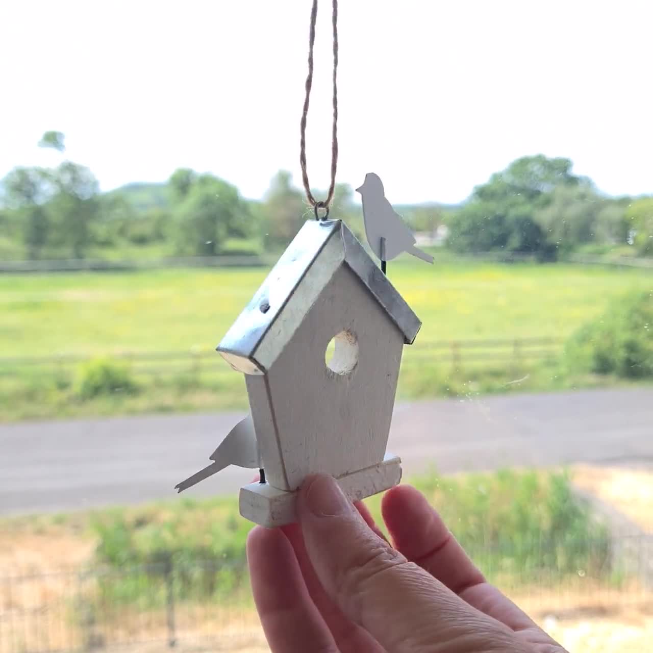 鳥小屋のルリビタキ | 手作りの吊り下げ式ブリキと木製のルリビタキ鳥