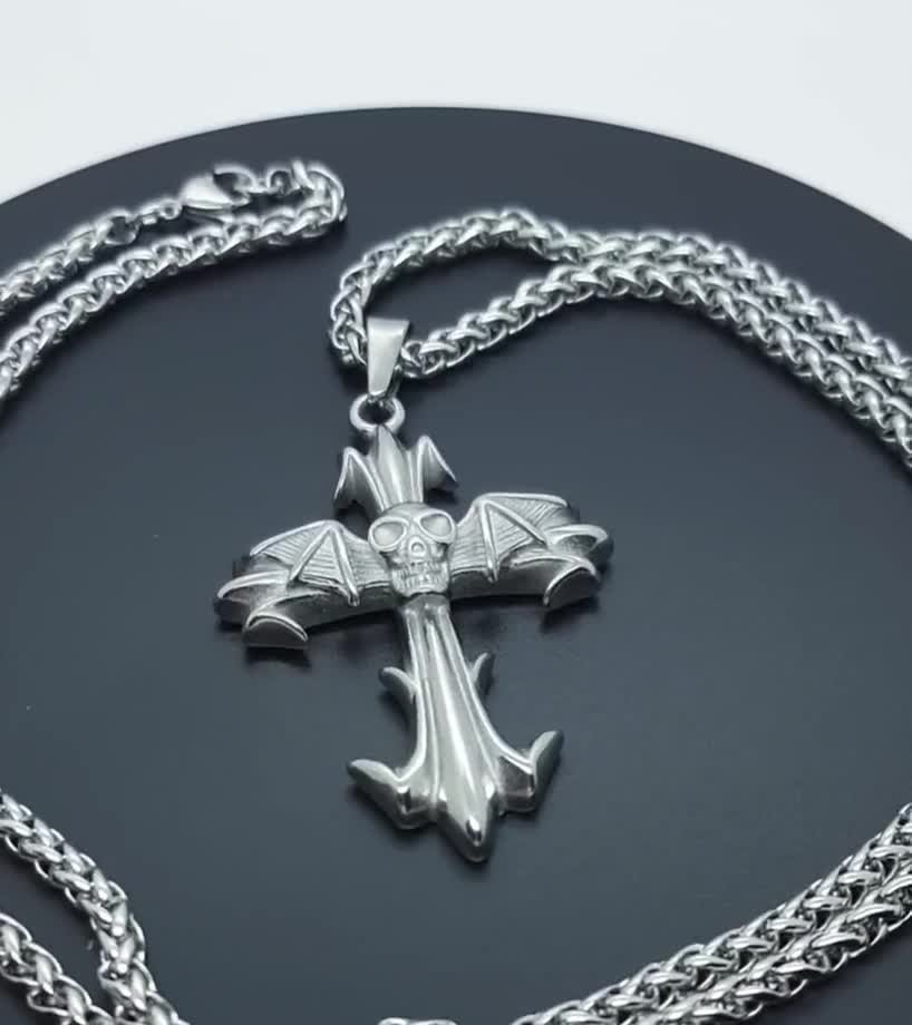 Skull Cross & Bat Wings Necklace: Gothic Biker Pendant - Etsy UK