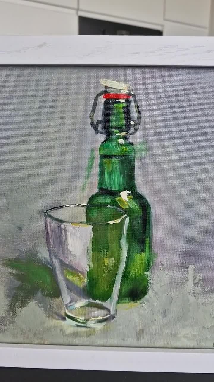 オリジナルの油絵「緑のボトルとガラス」、小さな静物画、オレアンドル