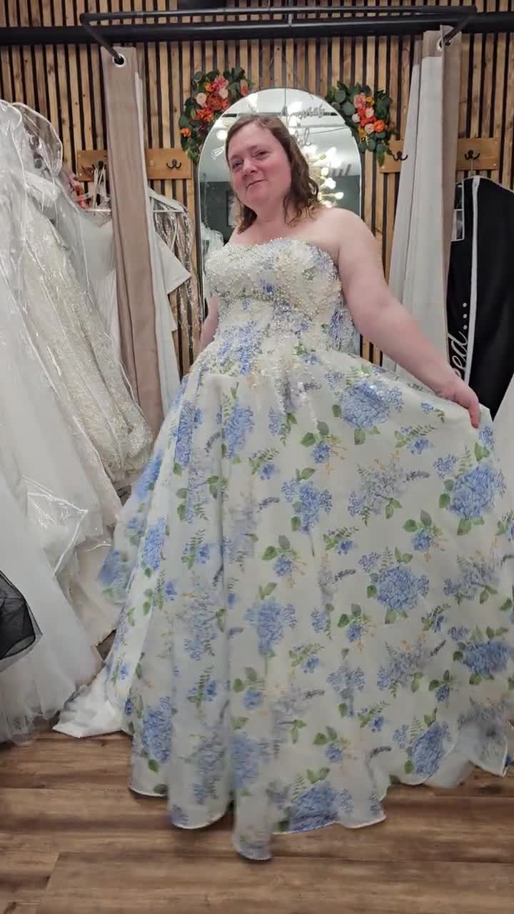 Ondine Floral Wedding Dress, Strapless Blue Hydrangea Print Gown
