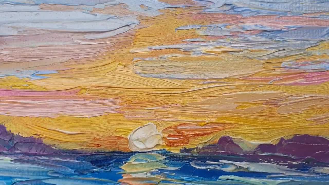 インパストによる海の夕日の絵画：海岸の海のアートワーク、デシ