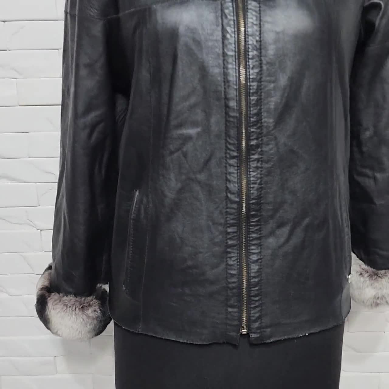 Reversible Black Leather Jacket: Gray Faux Fur Hooded Coat - Etsy
