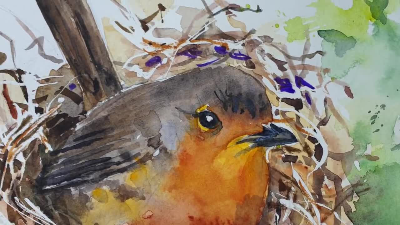 オリジナル作品「ロビンの巣」水彩画、鳥の壁掛けアート（12.1×9インチ