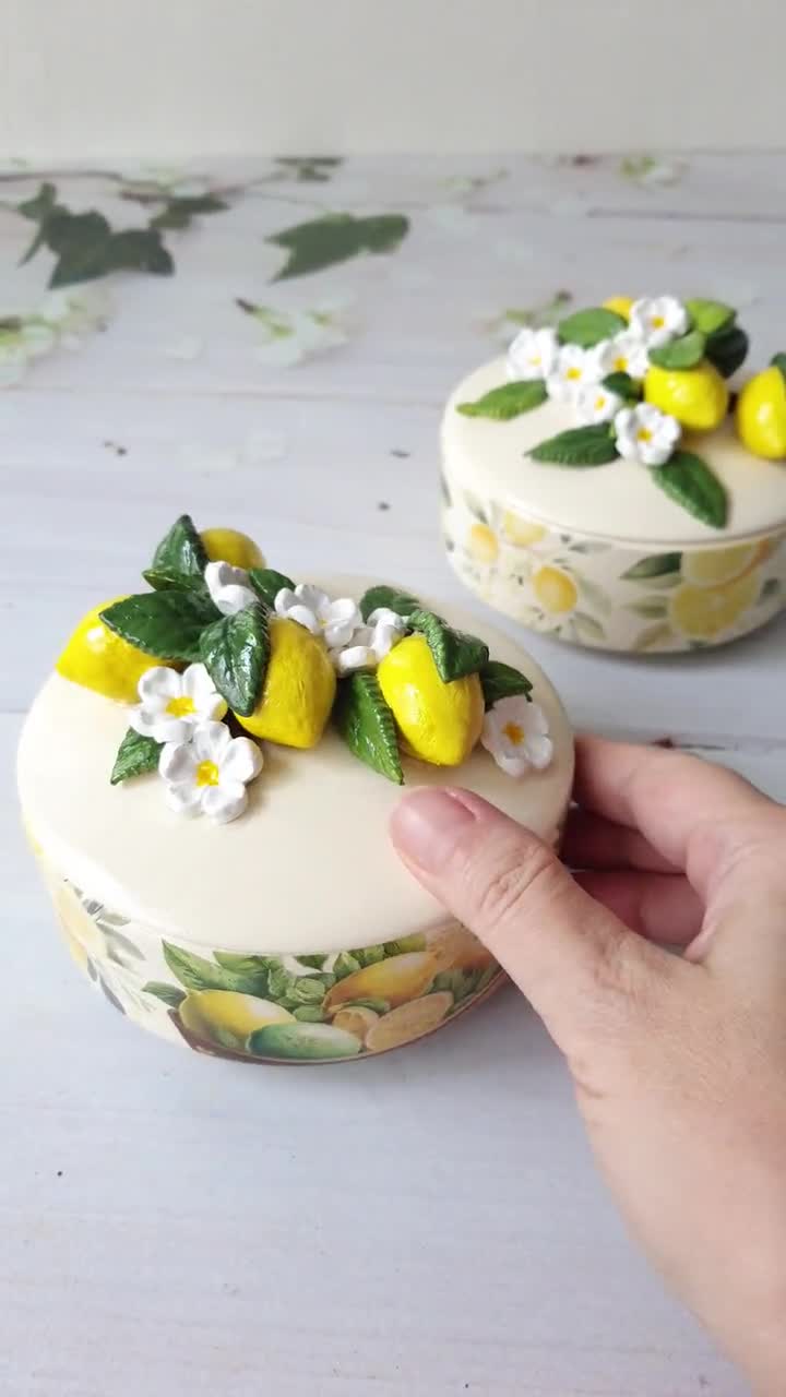 Ceramic Lemon Trinket Box With Lid, 3D Lemon Blossom Pottery