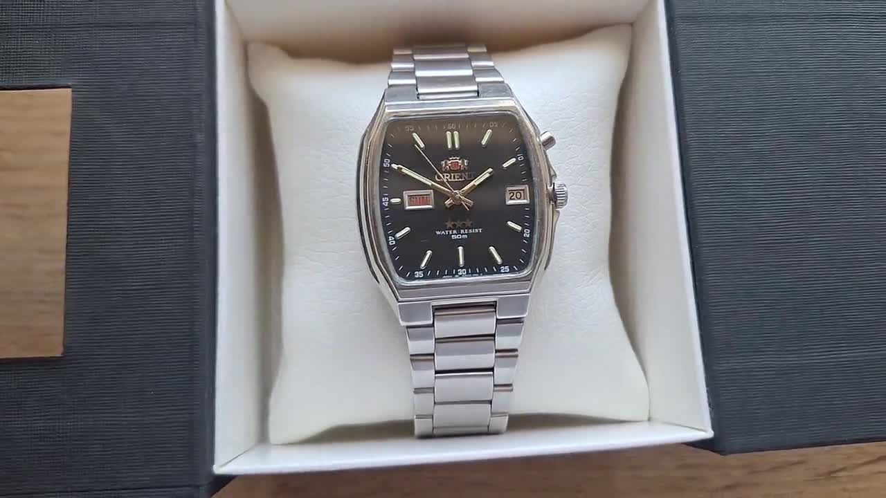 Vintage Orient Automatic Square Watch: Black Dial, Day-date