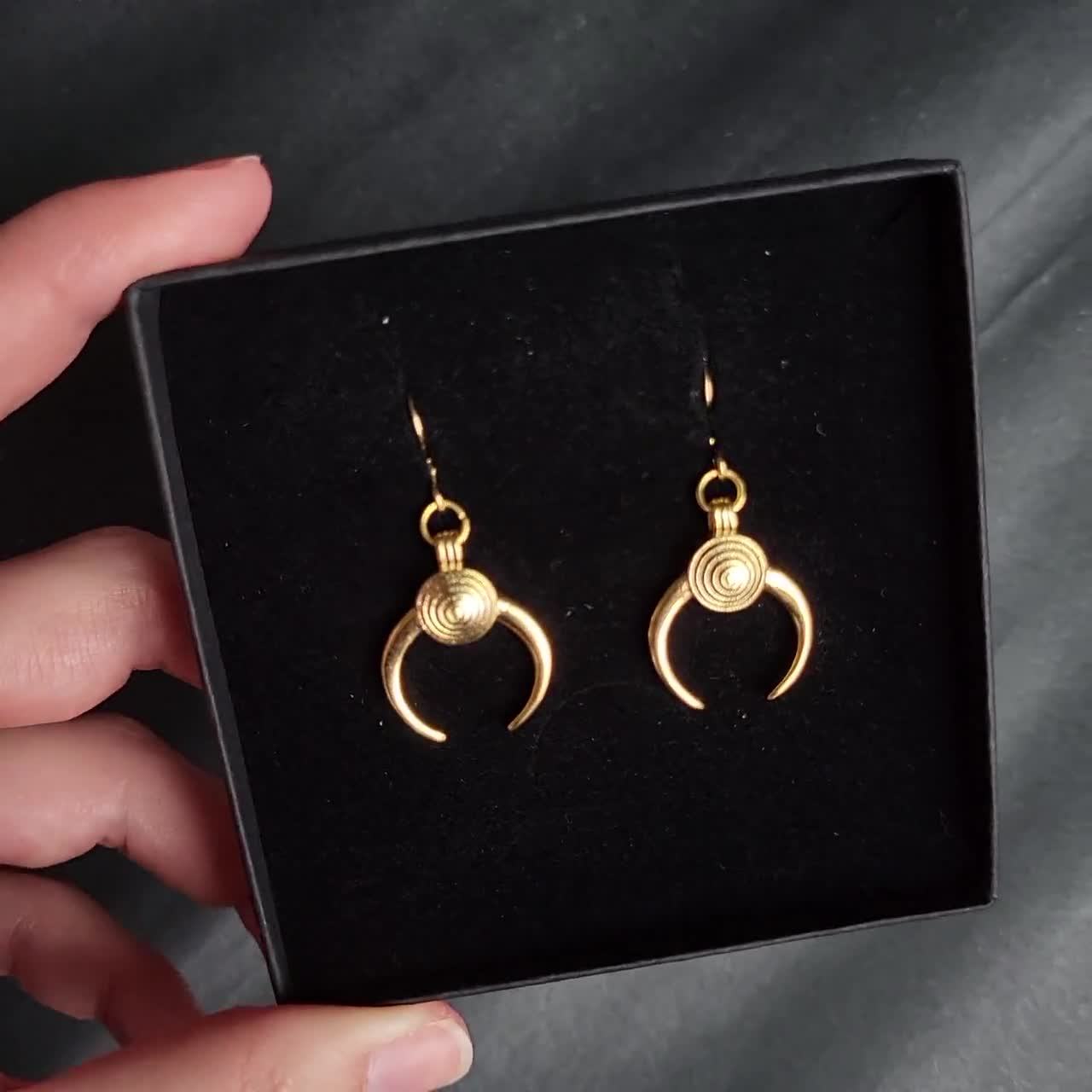 Gold Hecate Earrings, Crescent Moon Witch Jewelry, Pagan Greek