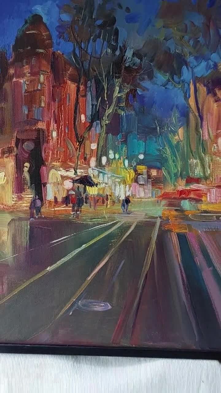 夕方の光の中の街並み、オリジナル絵画、街の通り、油絵、現代絵画、夜