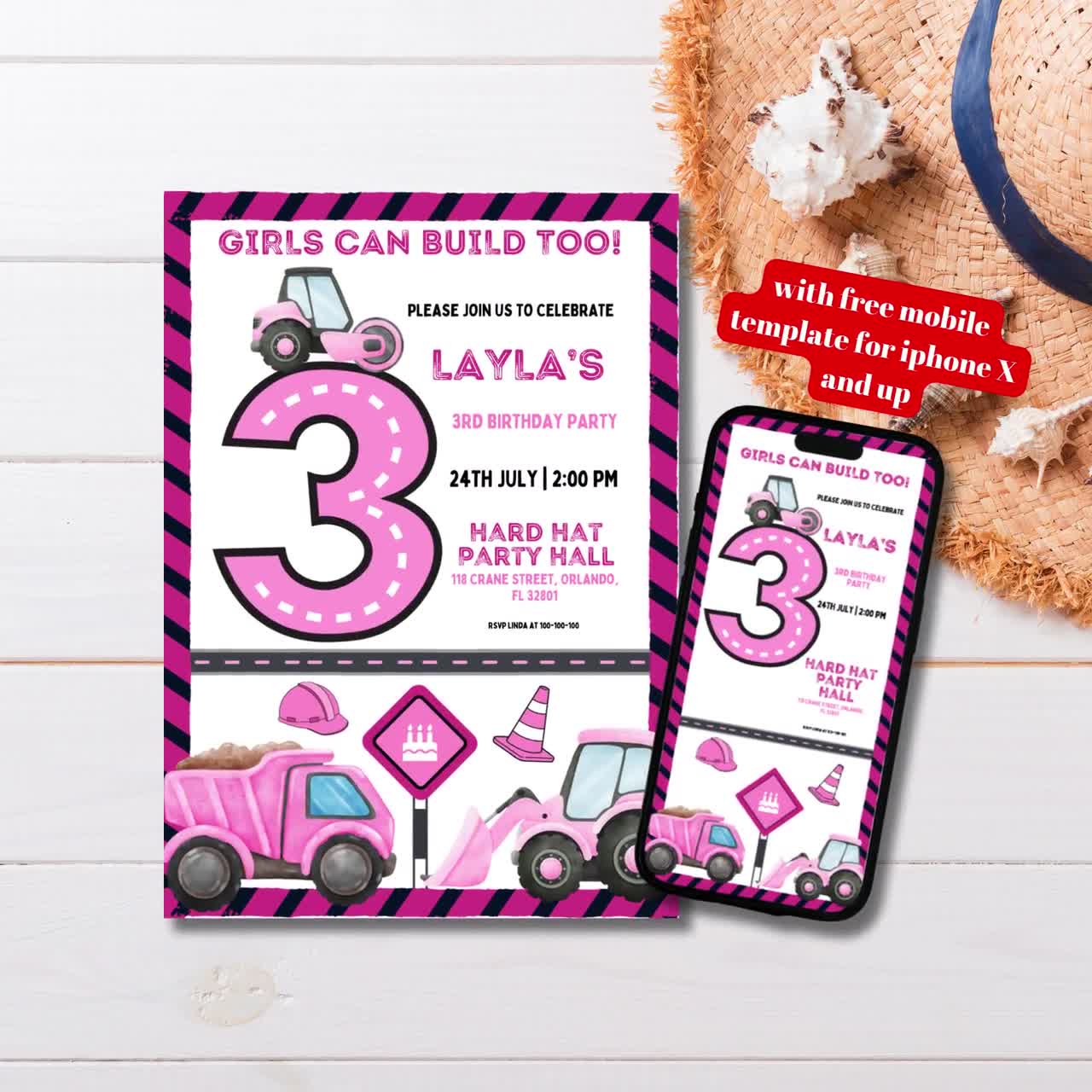 Editable Pink Construction Birthday Party Invitation Template