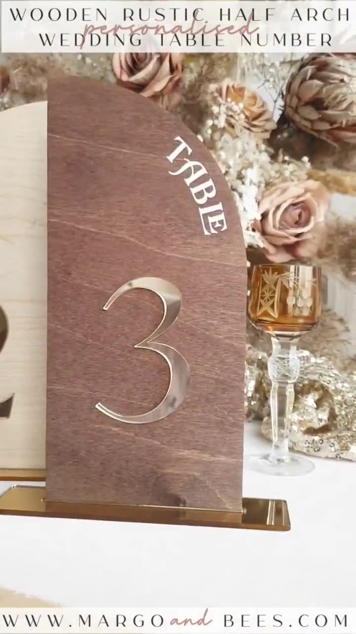 Rustic Wood Half Arch Wedding Table Numbers, Wooden Gold Plexi Table Numbers,  Country Barn Wedding Table Decor, Wedding Signage Wood Golden mirror table  numbers