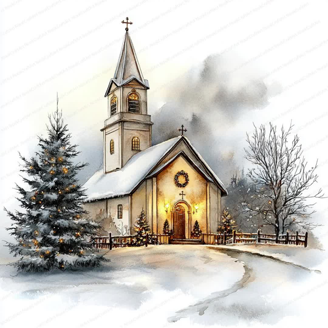 20 クリスマス教会クリップアート | 冬の教会のイラスト | 印刷可能な