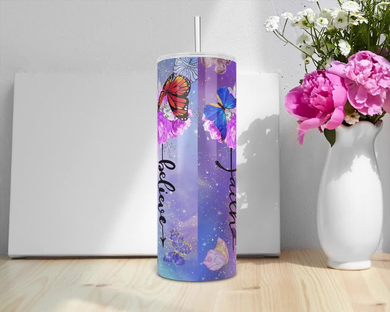 20oz Skinny Tumbler Faith Love Believe Butterfly Rose Floral Sublimation  Design Templates, Religious PNG Straight/warped Digital Download 