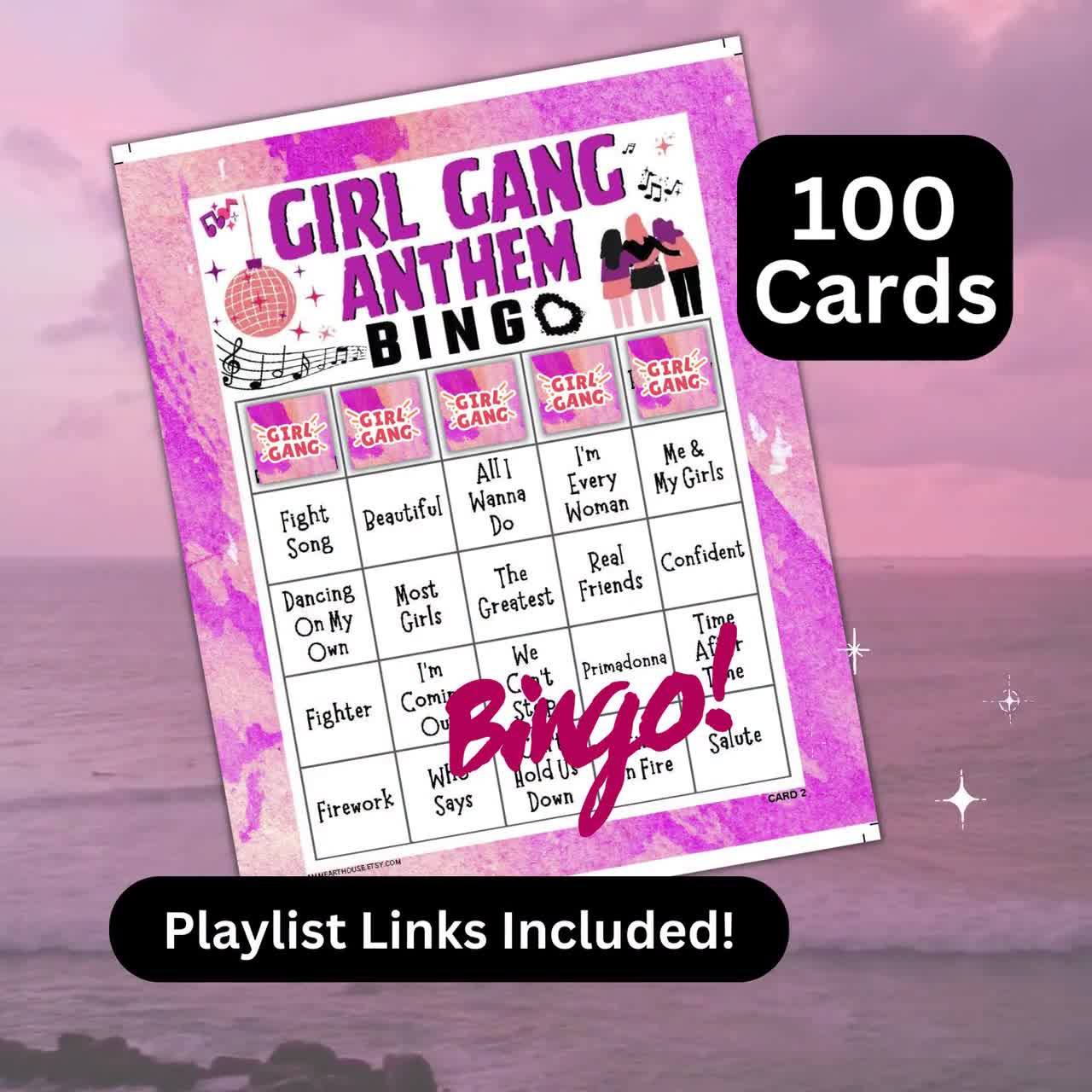 Girl Gang Songs Bingo 100 Card, Galentine's Day Party Game, Friendship Music Bingo with Playlist, Women Empowerment Theme Gathering Activity video poster