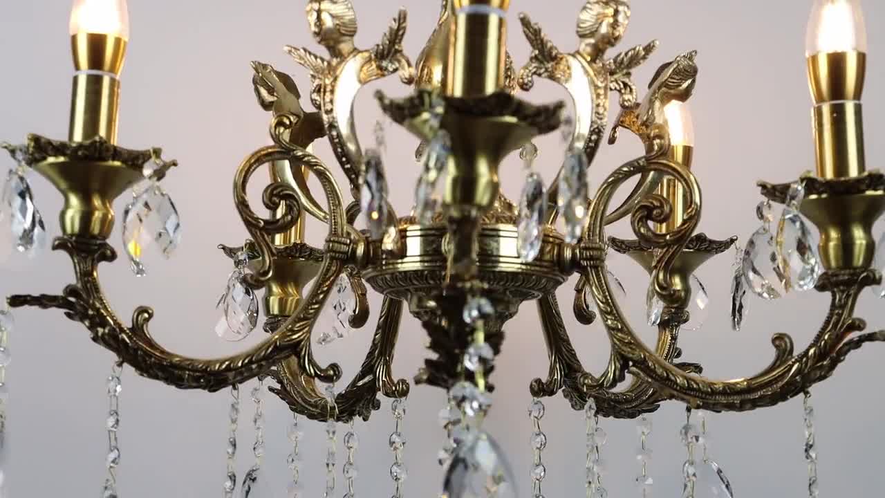 CAST BRASS CHANDELIER, Antique Brass Chandelier, Chandelier With 5 Arms,  Angel, Bronze, Brass, Crystal Drops, Crystal, Classic, Chandelier -   Canada