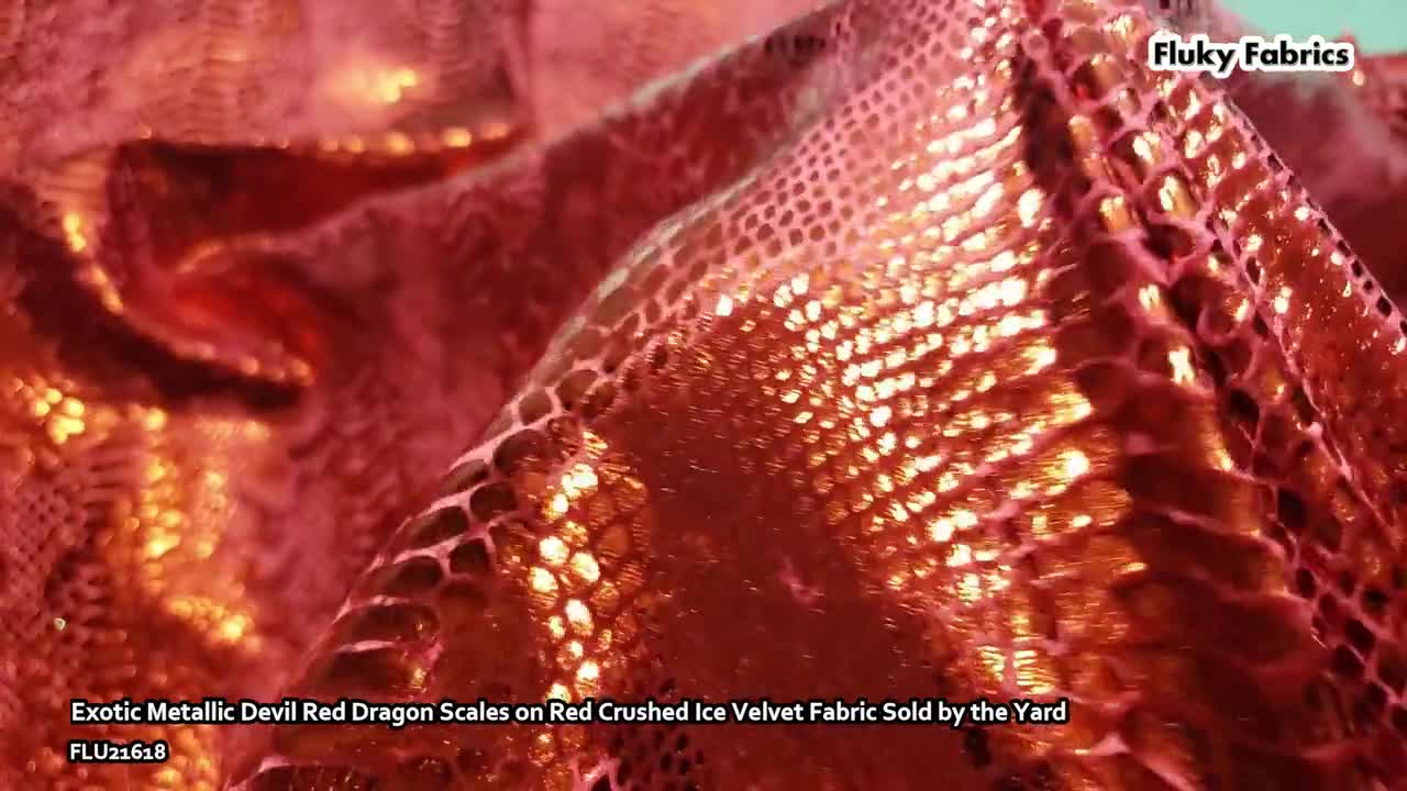 Metallic Exotic Dragon Scales Red Foil on Burgundy Crushed Ice Velvet 4-Way Stretch  Fabric by The Yard 