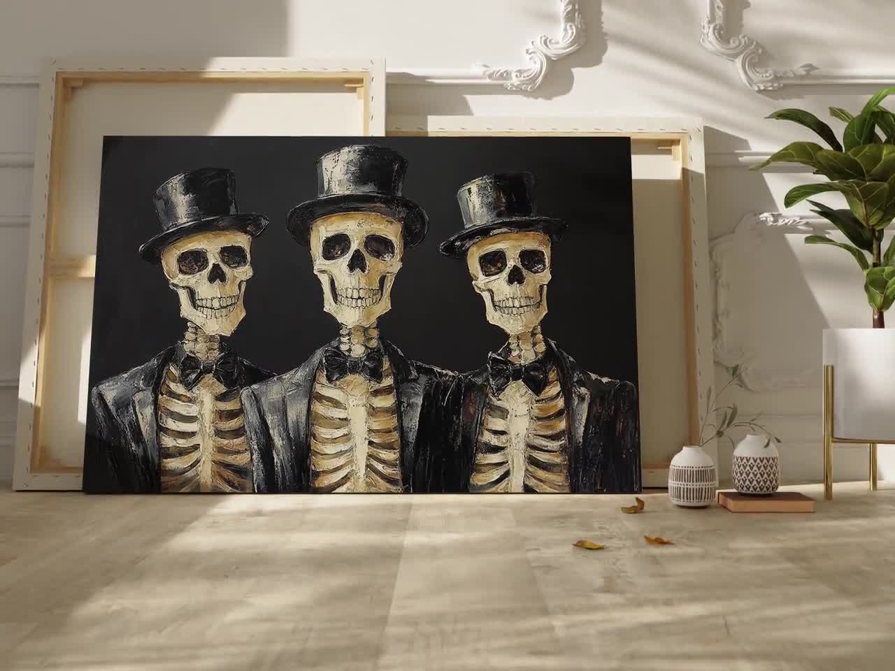 Three Skeletons in Top Hats Canvas Wall Art – Gothic Halloween