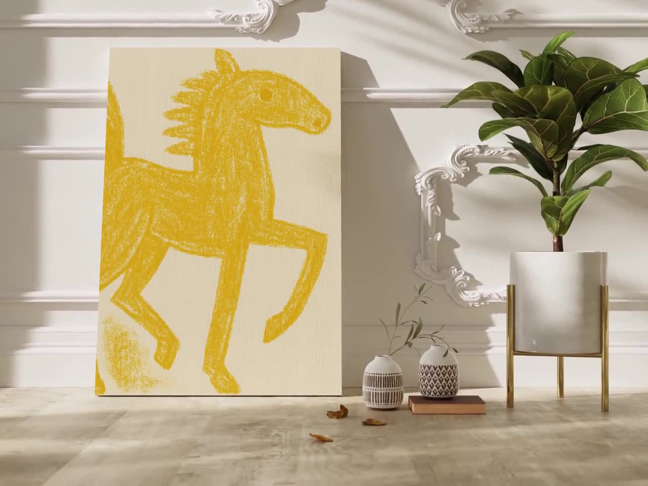 黄金の馬の絵 | ミニマルなクレヨンスタイルの乗馬アート - Etsy 日本