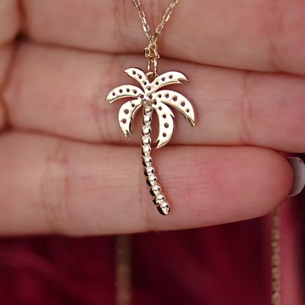 Diamond Palm Tree Pendant, 14k Solid Gold Summer Beach Jewelry